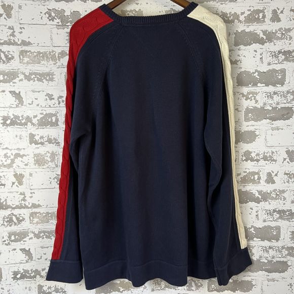 Vtg Y2K Tommy Jeans Cable Knit Stripe Sleeves Navy Blue Men’s XL Oversized Logo - Picture 6 of 15